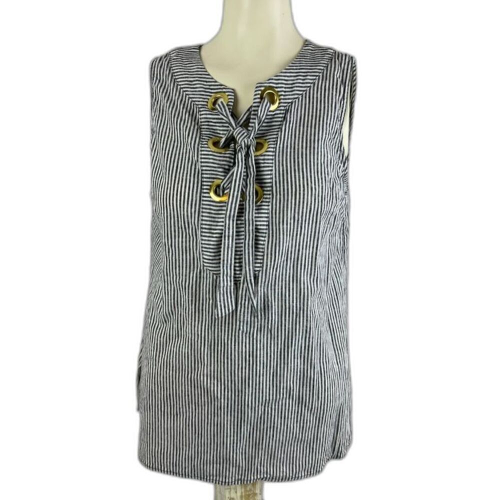 Michael Kors Womens Tank Linen Striped Gold Ring Tie Blouse Top Black White Sz M